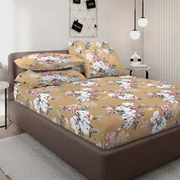 KLOTTHE Orange & White Printed 300 TC Double King Flat Bedsheet With 4 Pillow Covers-image-30
