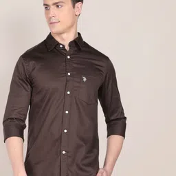 U.S. Polo Assn. Men Brown Solid Pure Cotton Satin Shirt-image-6