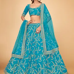 Cloth's Villa Blue & Gold-Toned Embroidered Thread Work Semi-Stitched Lehenga & Unstitched Blouse With-picture-14