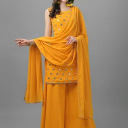 ASPORA Women Yellow Ethnic Motifs Embroidered Sequinned Kurti with Sharara & With Dupatta-picture-15