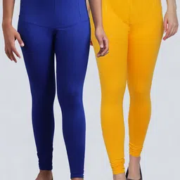 GRACIT Women Pack Of 2 Blue & Yellow Solid Cotton Churidar Length Leggings-image-83