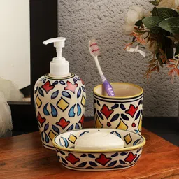 VarEesha Rangriti White & Yellow 3 Pieces Printed Ceramic Bathroom Accessories-image-2