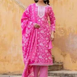 Varanga Floral Printed Regular Thread Work Kurta with Trouser & Dupatta-image-74