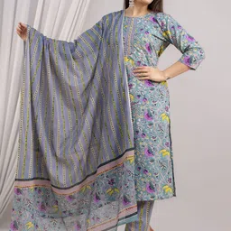 FrionKandy Women Floral Printed Regular Mirror Work Pure Cotton Kurta with Trousers & With Dupatta-image-25