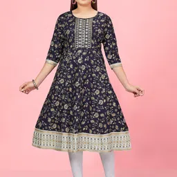 BAESD Girls Floral Printed Thread Work Pure Cotton A-Line Kurta With Leggings-picture-10