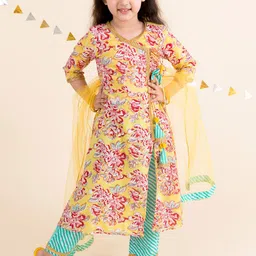 pspeaches Girls Yellow Floral Printed Angrakha Pure Cotton Kurta with Trousers & With Dupatta-picture-17