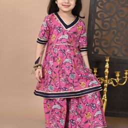 Superminis Girls Floral Printed Regular Gotta Patti Pure Cotton Kurti with Sharara-picture-11