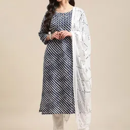 Varanga Women Navy Blue Leheriya Printed Gotta Patti Pure Cotton Kurta with Trousers & With Dupatta-picture-18