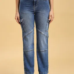 HJ HASASI Women Straight Fit High-Rise Clean Look Light Fade Stretchable Cargo Jeans-picture-8