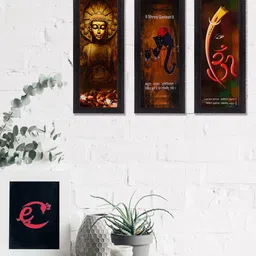 eCraftIndia Set Of 3 Brown & Gold-Toned Ganesha & Buddha Satin Matt Texture UV Wall Art image 1