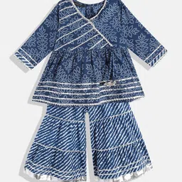 Readiprint Fashions Girls Blue Bandhani Printed Angrakha Gotta Patti Pure Cotton Kurta with Sharara-picture-47
