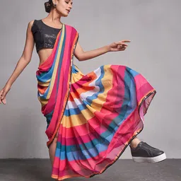 Kalista Striped Pure Georgette Saree with Lace Border-picture-34