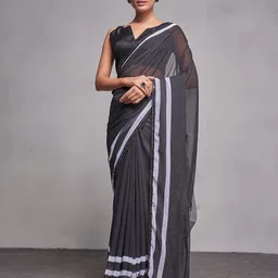 Kalista Striped Printed Black Georgette Saree with Lace Border-picture-29