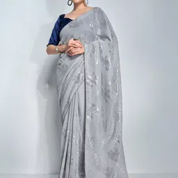 Mitera Grey & Silver-Toned Floral Embellished Sequinned Pure Georgette Designer Saree-picture-31