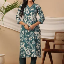 PHYSIL Floral Printed Mirror Work V-Neck Pure Cotton Straight Kurta-picture-26