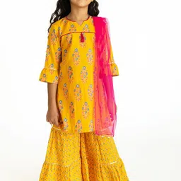 Campana Girls Yellow Ethnic Motifs Printed Panelled Gotta Patti Pure Cotton Kurti with Sharara & With-picture-26