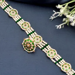 Silvermerc Designs Gold-Plated White & Green Stone-Studded & Beaded Borla Maatha Patti image 2