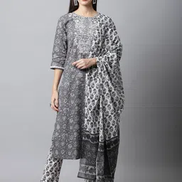 Rajnandini Women Grey Ethnic Motifs Printed Panelled Pure Cotton Kurta with Patiala & With Dupatta-picture-9