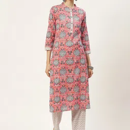 KBZ Women Coral Orange & Teal Blue Ethnic Motifs Printed Pure Cotton Kurta with Trousers-picture-20