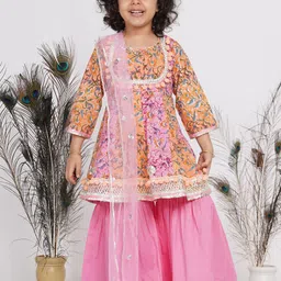Little Bansi Girls Orange Floral Embroidered Pure Cotton Kurta with Sharara & With Dupatta-picture-21