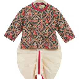 Tiber Taber Boys Ethnic Motifs Printed Angrakha Pure Cotton Kurta With Dhoti Pants-picture-28