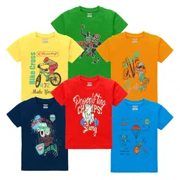 Kiddeo Boys Pack of 6 Multicoloured Printed Round Neck Pure Cotton T-shirts-picture-50