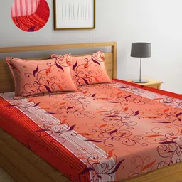 Arrabi Orange & Burgundy Floral 300 TC King Bedsheet with 2 Pillow Covers-image-50