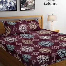Arrabi Violet & Blue Floral 300 TC Fitted King Bedsheet with 2 Pillow Covers-image-58