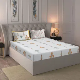 Rajasthan Decor White & Yellow Floral 180 TC King Bedsheet with 2 Pillow Covers-image-74