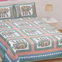 Texstylers Green & White Ethnic Motifs 210 TC Cotton Queen Bedsheet with 2 Pillow Covers-picture-28
