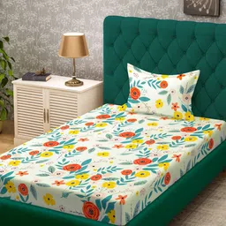 KLOTTHE Off-White & Red Floral Printed 300 TC Single Bedsheet With Pillow Cover-image-72