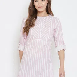 BAESD Striped Mandarin Collar Roll-Up Sleeves Cotton Shirt Style Longline Top-picture-34