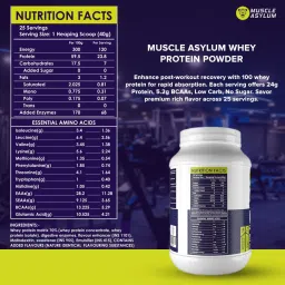 Muscle Asylum Premium 100% Whey Protein, 24g Protein, 5.2g Bcaa, For Muscle Building & Recovery ,25 Servings (Cookie & Cream)-1kg (2.2 lbs), Box image 2