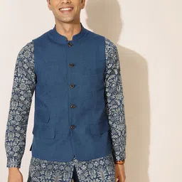 Fabindia FabBasic Men Navy Blue Cotton Nehru Jacket-image-40