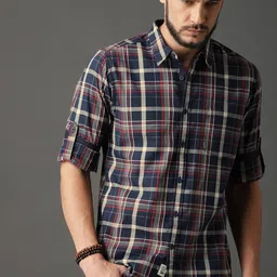 Roadster Men Navy Blue & Beige Checked Casual Sustainable Shirt-image-72