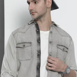 The Indian Garage Co Men Grey Slim Fit Faded Denim Casual Shirt-picture-13