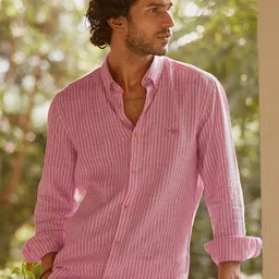 Andamen Premium Slim Fit Vertical Stripes Linen Casual Shirt-image-40