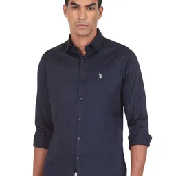 u.s. polo assn. U S Polo Assn Men's Blue Tailored Regular Fit Solid Casual Shirt-picture-25