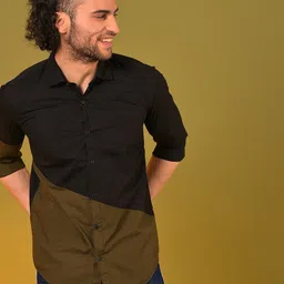 Campus Sutra Men Black & Olive Green Colourblocked Classic Cotton Casual Shirt-image-4