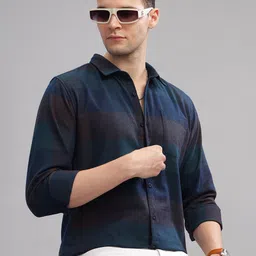 HERE&NOW Slim Fit Tartan Checked Spread Collar Long Sleeves Casual Shirt-picture-13