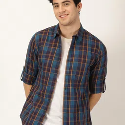 HERE&NOW Classic Slim Fit Tartan Checked Pure Cotton Casual Shirt-picture-18