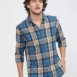 HIGHLANDER Men Blue Slim Fit Tartan Checks Opaque Checked Casual Shirt-image-75