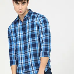 HIGHLANDER Men Blue Slim Fit Tartan Checks Opaque Checked Casual Shirt-image-38