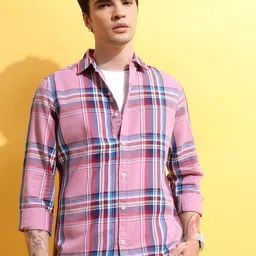 HIGHLANDER Pink & Blue Slim Fit Checked Casual Shirt-image-10