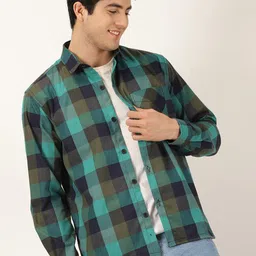 HERE&NOW Green Smart Buffalo Checked Twill Casual Shirt-picture-21