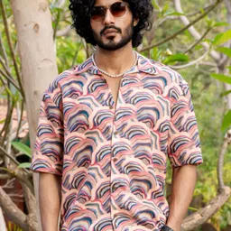 Firangi Yarn Modern Abstract Printed Spread Collar Short Sleeves Oversized Casual Shirt-image-36