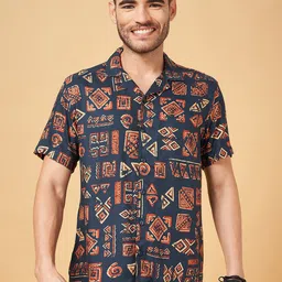 People Slim Fit Geometric Printed Cuban Collar Short Sleeves Casual Shirt-picture-37