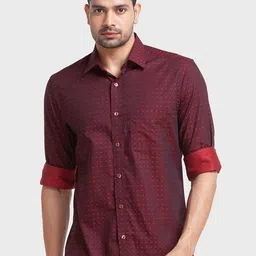 ColorPlus Men Red Tailored Fit Printed Casual Organic Cotton Shirt-image-90