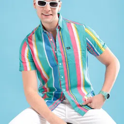 The Indian Garage Co Men Sea Green & Pink Striped Pure Cotton Casual Shirt-picture-25