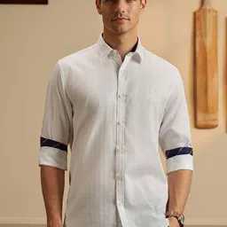 Peter England Casuals Men White Slim Fit Striped Cricket Inspired Casual Cotton Shirt-image-3